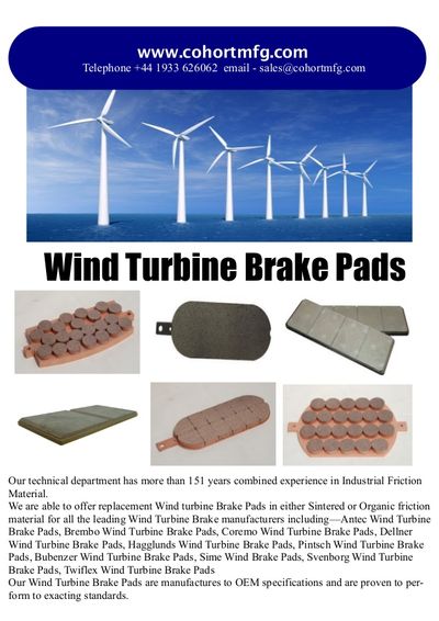 Wind Turbine Brake Pads  Antec, Brembo, Coremo, Dellner, Hagglunds, Pintsch Bubenser, Sime, Svendborg, Twiflex.